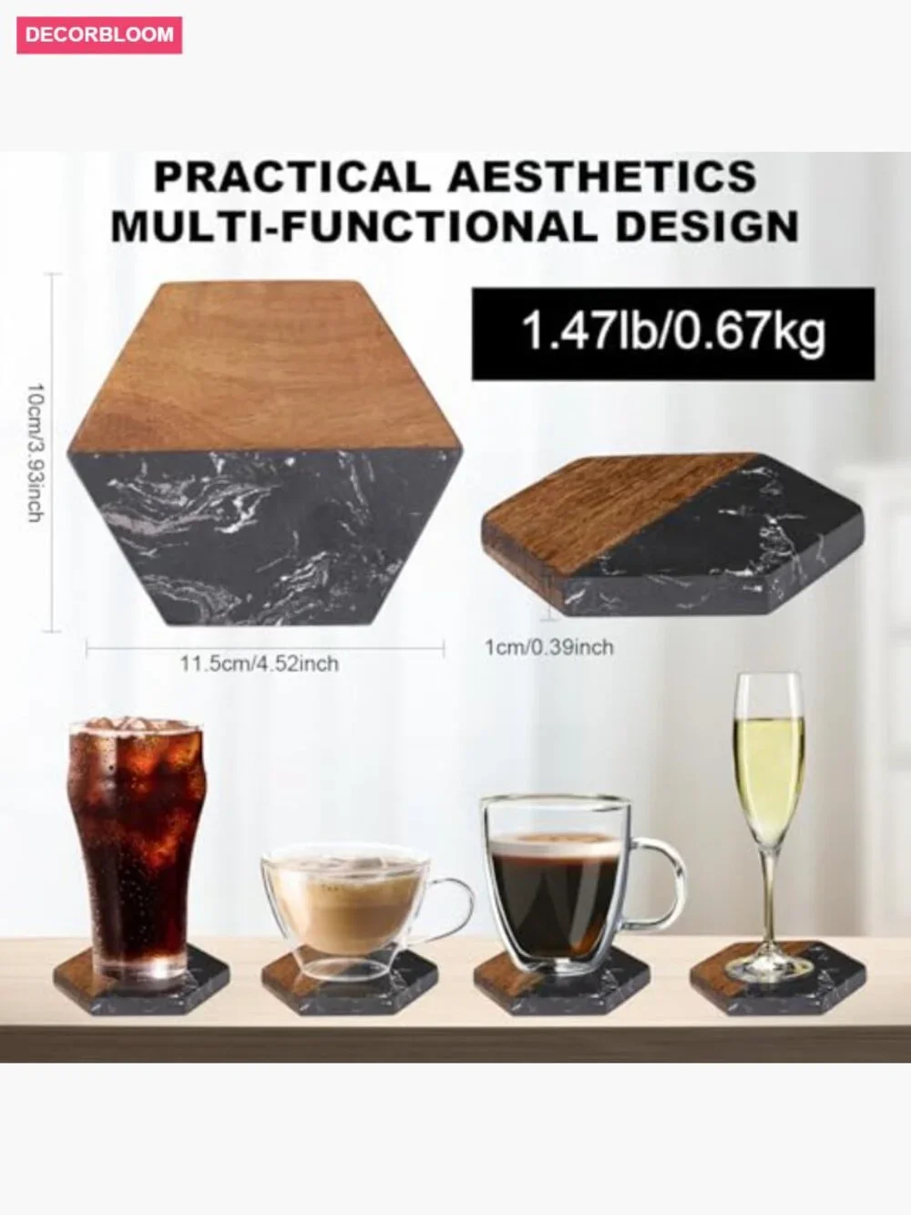 Marble Wood Coasters Set of 4 - Hexagonal Drink Coasters for Coffee Table